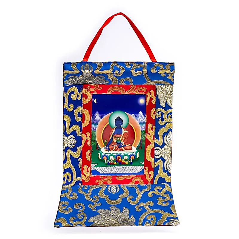Medicine Buddha Thangka Print in Brocade from Nepal