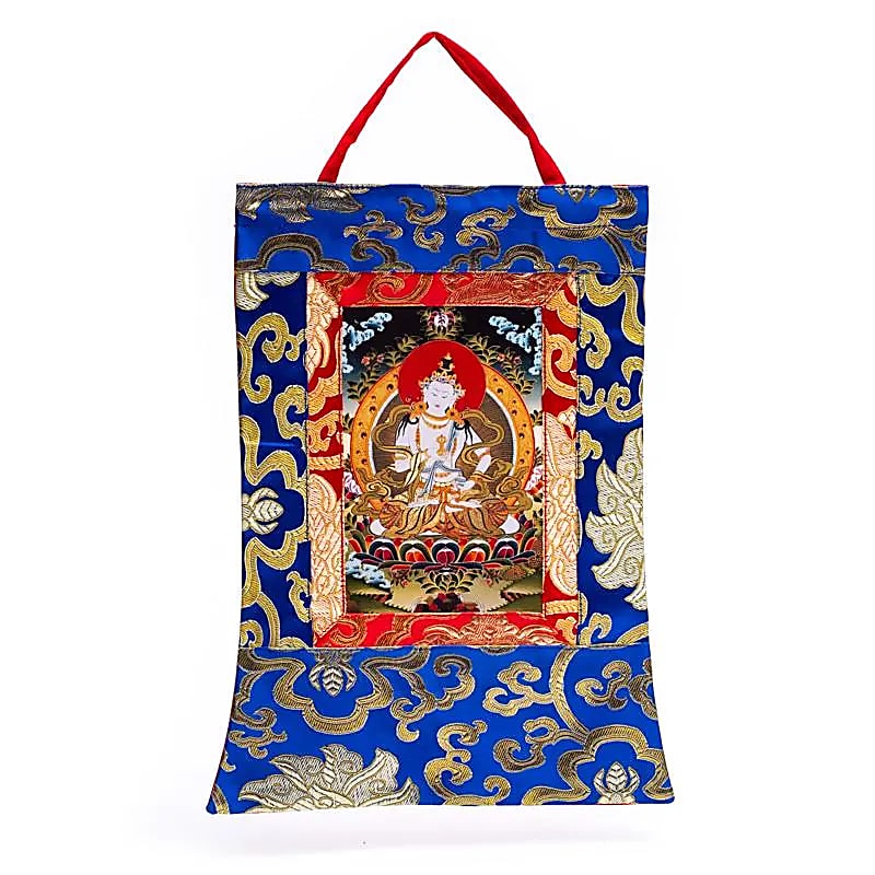 Vajrasattva Thangka Printed in Brocade Framing from Nepal
