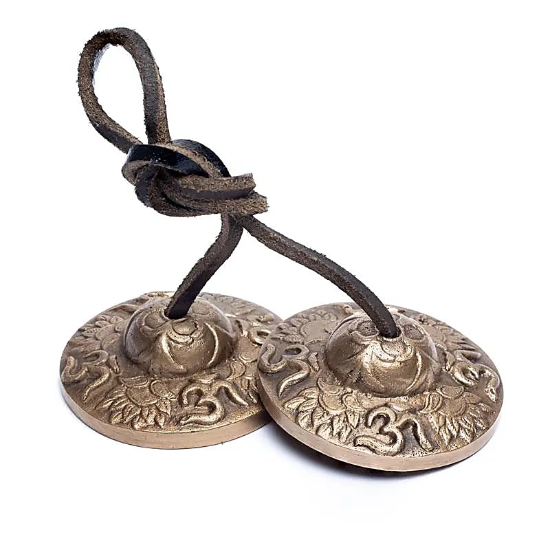 Brass Tingshas with Ohm and Lotus Decoration - 220g
