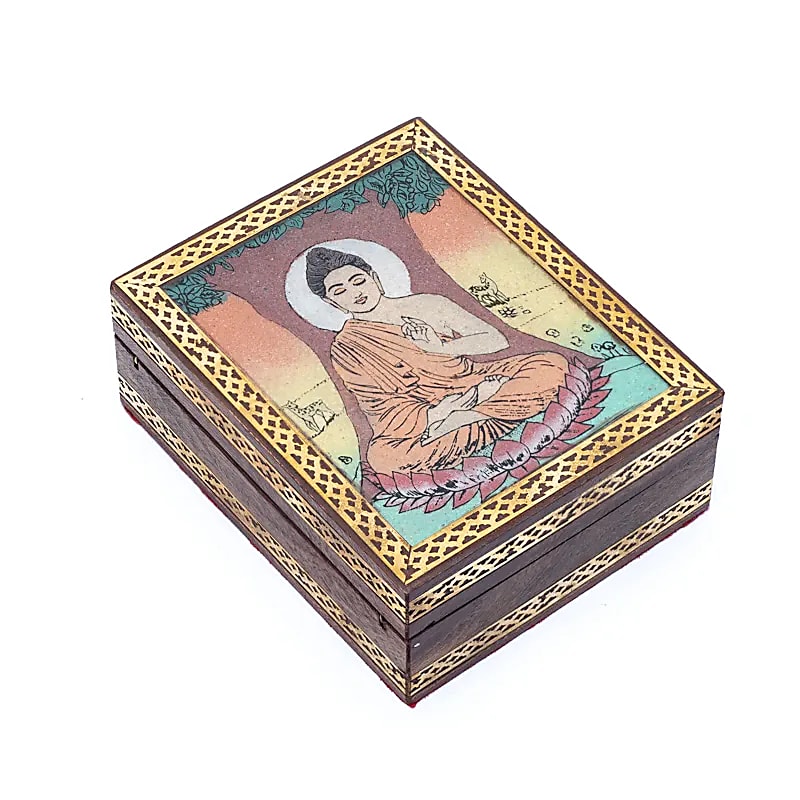 Mango wood Jewelry Box with Buddha and Bodhi Tree Sand Drawing