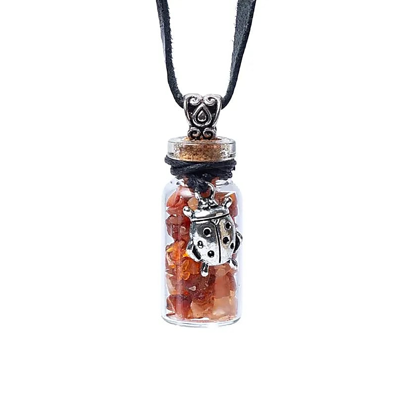 Indian Carnelian Gemstone Pendant with Ladybug in Gift Bottle