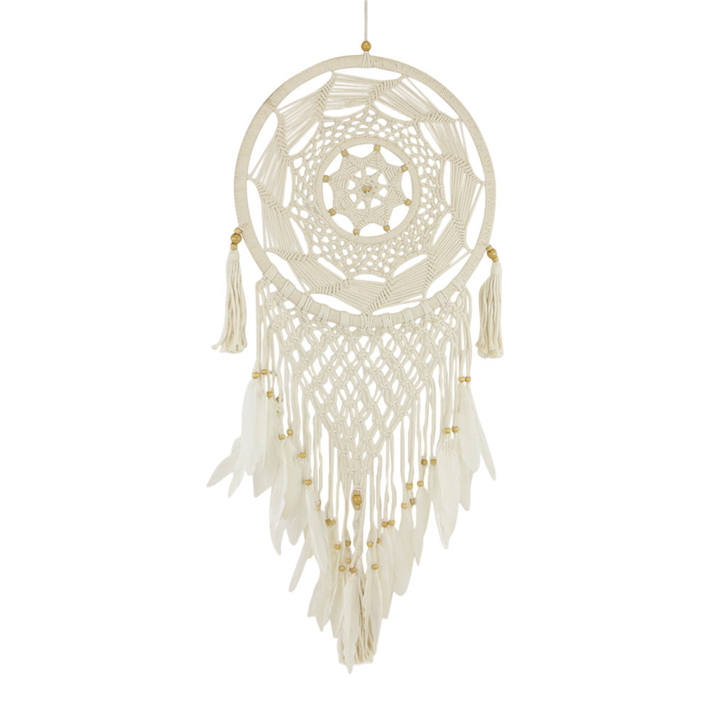 White Crocheted Dreamcatcher L with Feathers and Tassels, Cotton/Sarana