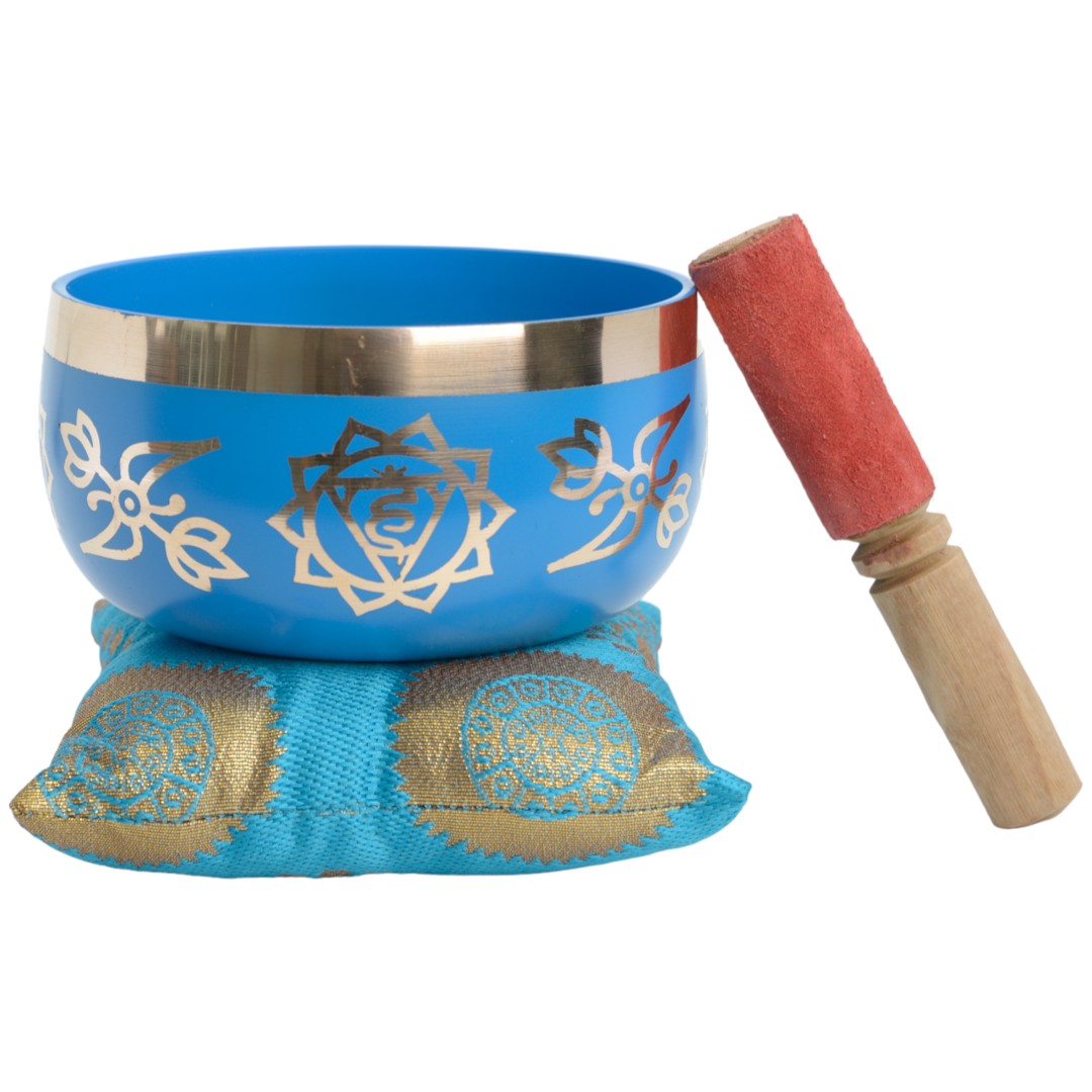 Chakra singing bowl set with striker & cushion - Fifth chakra - Blue