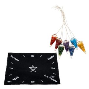 7 Chakra Pendulum Set with Pendulum Mat Pentagram - Bundle