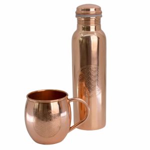 Copper Water Bottle and Copper Drinking Cup (Flower of Life)
