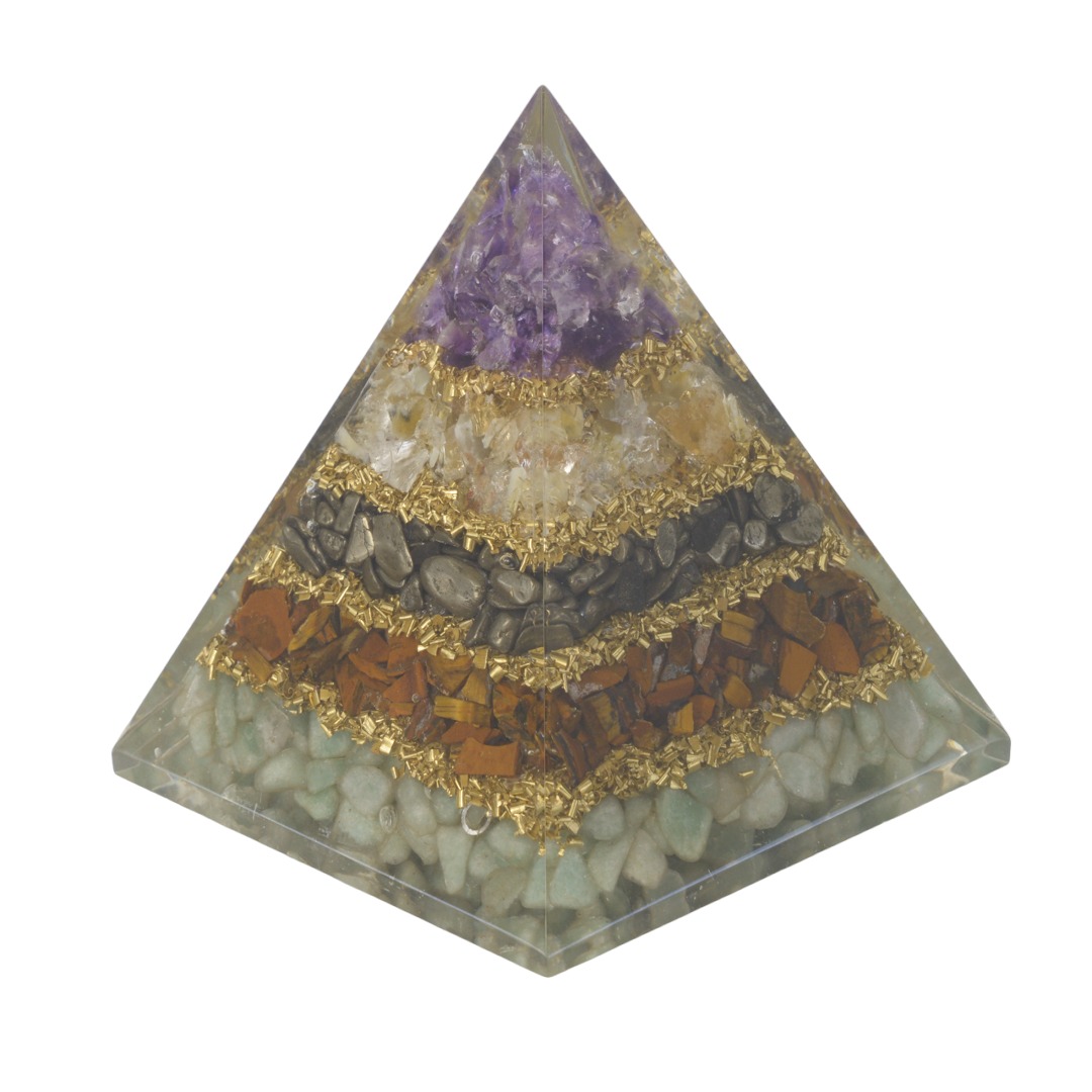 Orgonite Pyramid - Amethyst / Citrine / Pyrite / Tiger's Eye / Green Aventurine (95 mm)