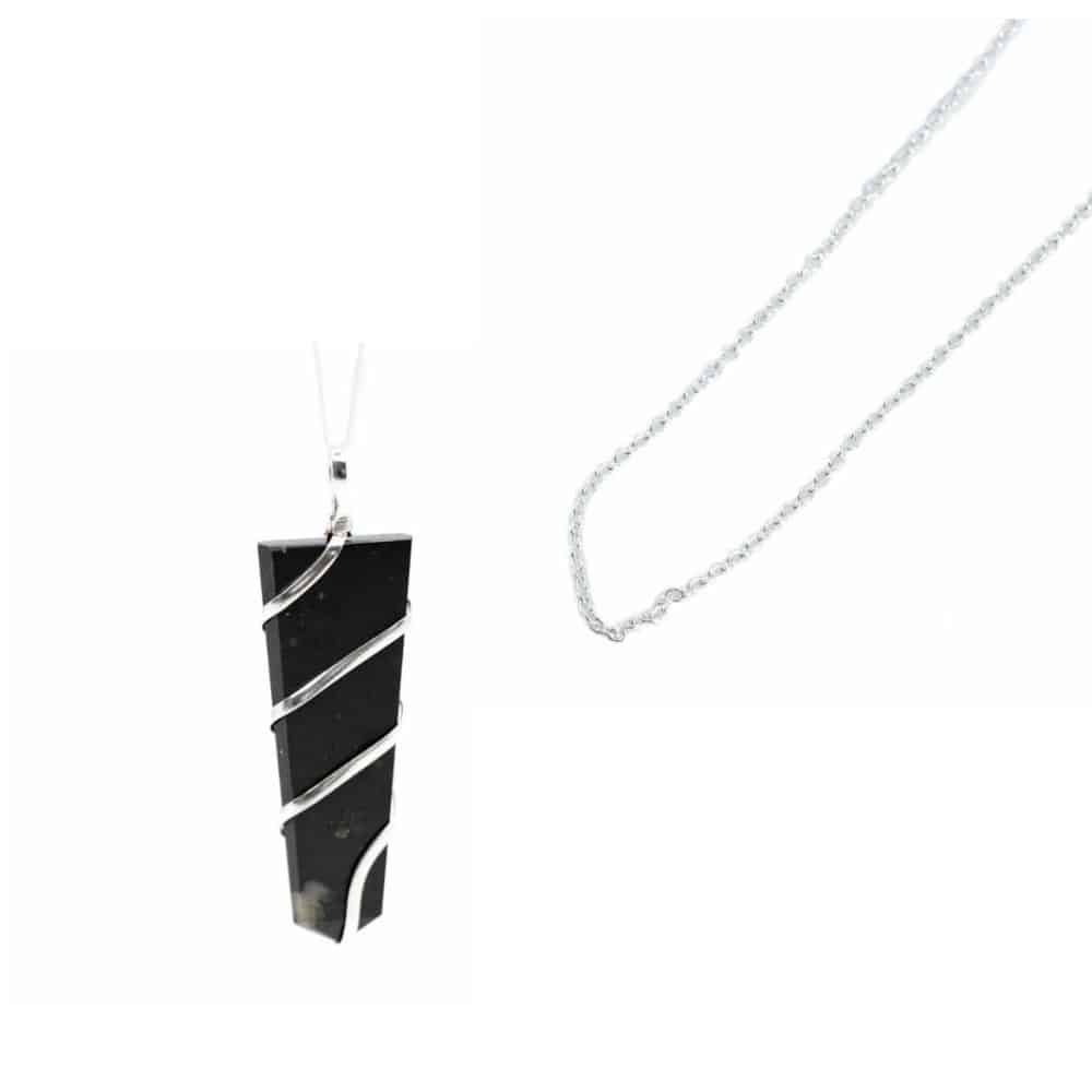 Gemstone Wrap Pendant Black Tourmaline with Silver Chain – Bundle