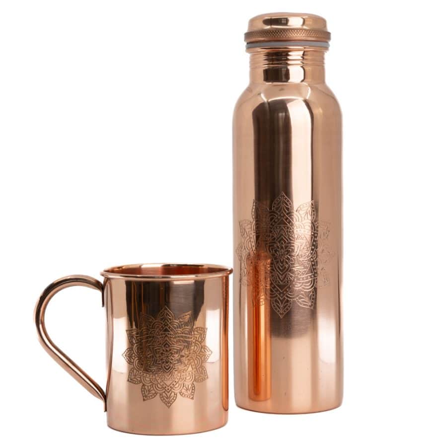Copper Water Bottle and Copper Drinking Cup Mandala