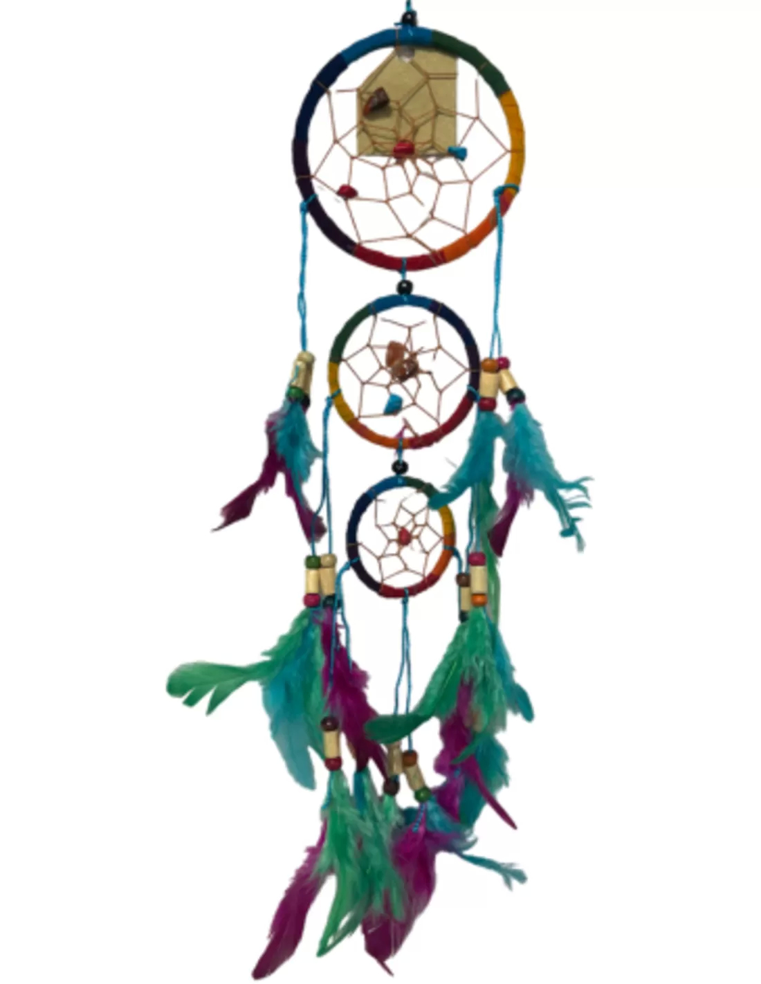 Dreamcatcher rainbow 3 rings feathers suede gemstones